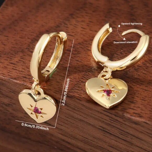 Gold Mini Huggies hoop Earrings with Heart Charm - Small Red Rhinestone - NEw - Picture 3 of 3